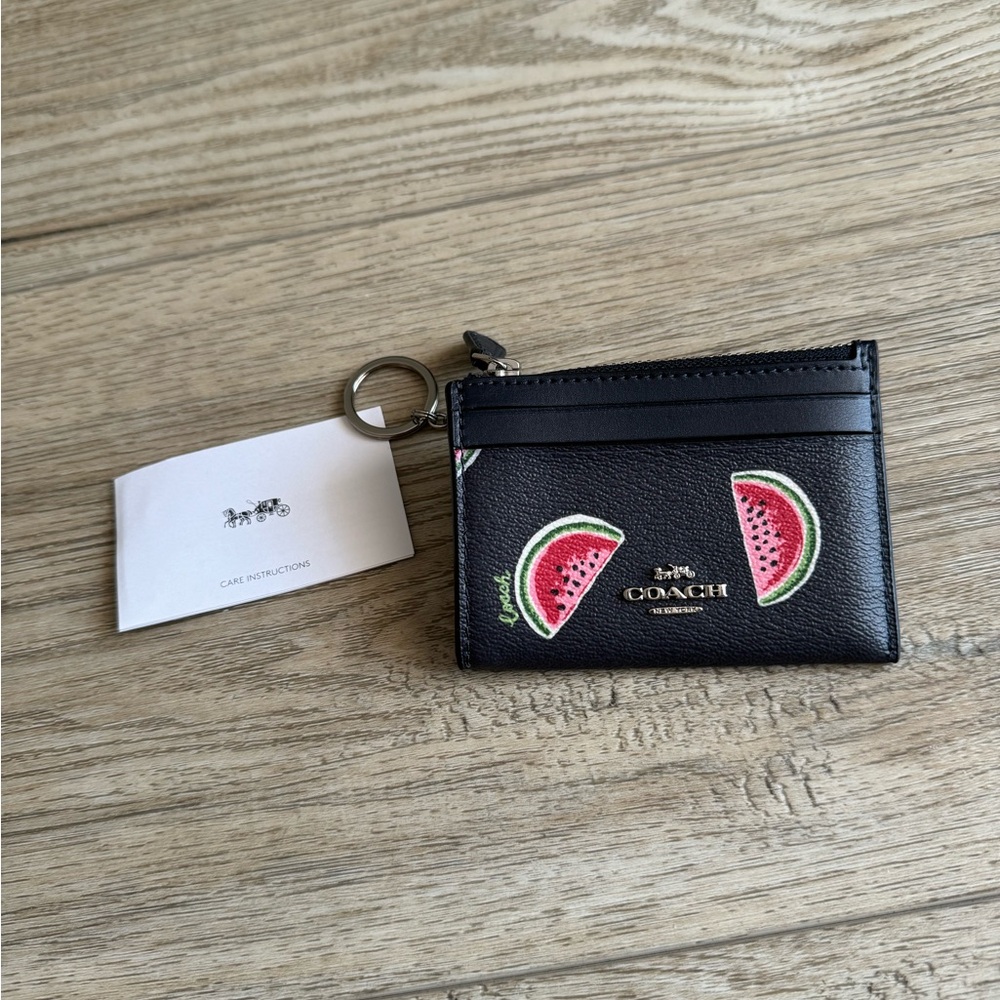 NWT Coach Mini Skinny Id Case With Watermelon Print Card Wallet Navy Red 3301